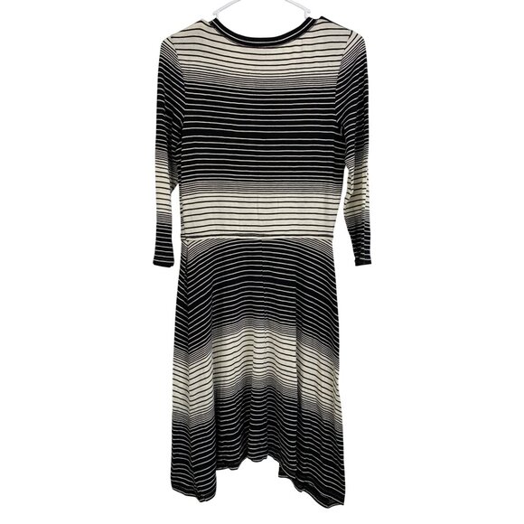 Black White Striped Fit & Flare Dress Max Edition 3/4 Sleeves Asym Hem Small - Picture 2 of 7